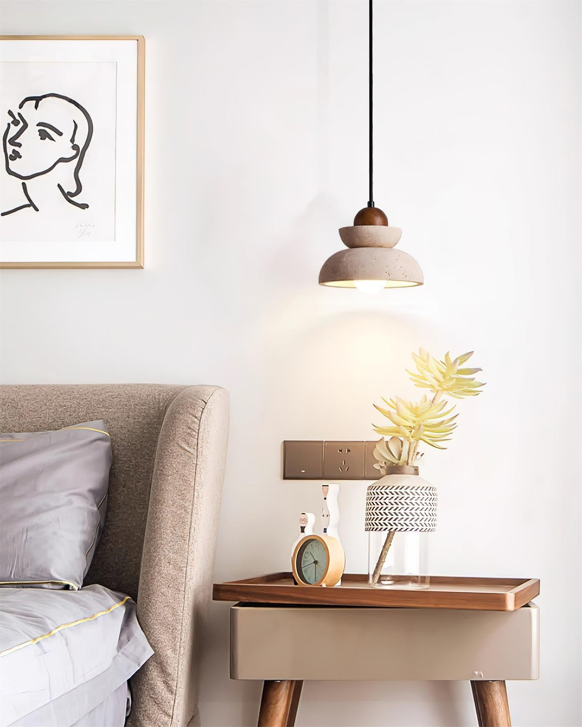 Lámpara colgante de travertino y madera moderna nórdica color nogal y beige