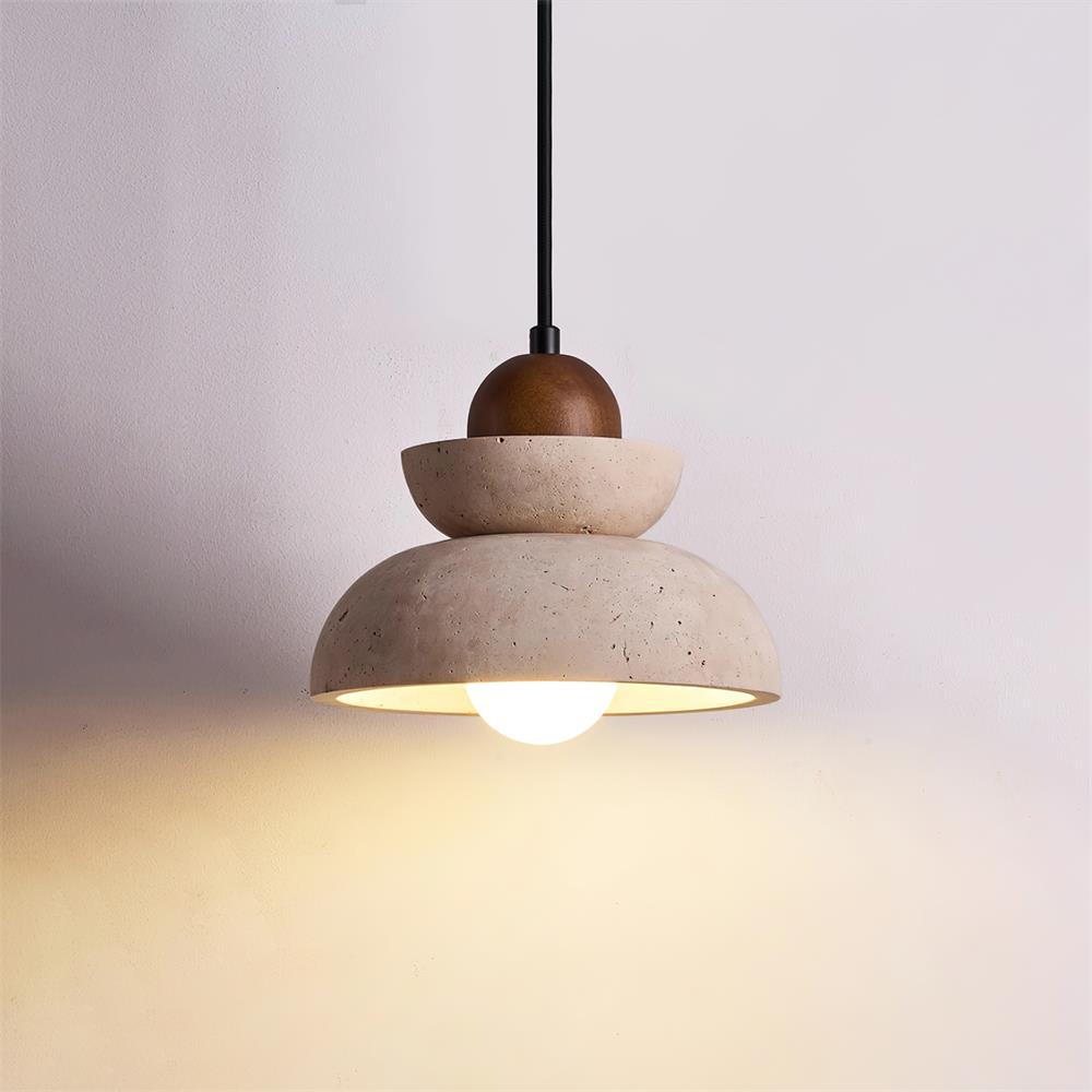 Lámpara colgante de travertino y madera moderna nórdica color nogal y beige