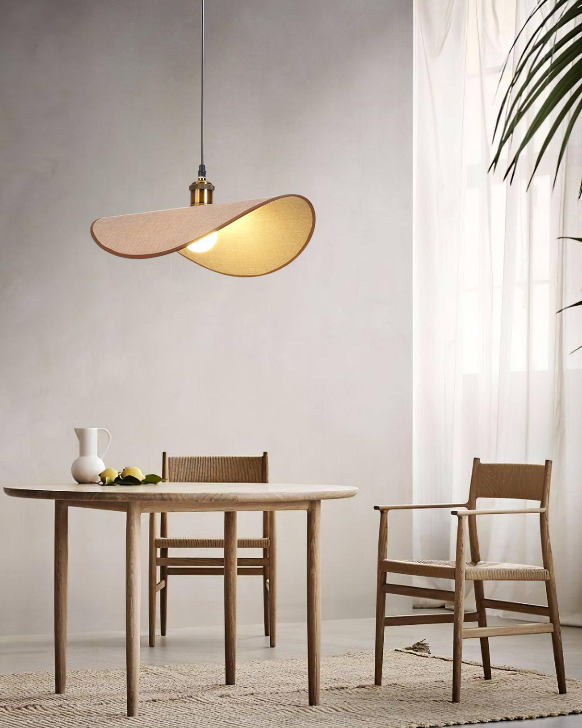 Mirelle lámpara colgante con pantalla de lino y estructura de madera minimalista de tejido