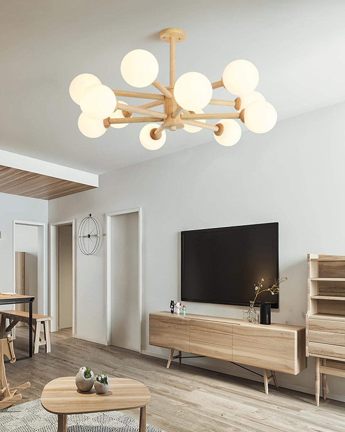 Kalds lámpara de araña de madera minimalista con esfera natural