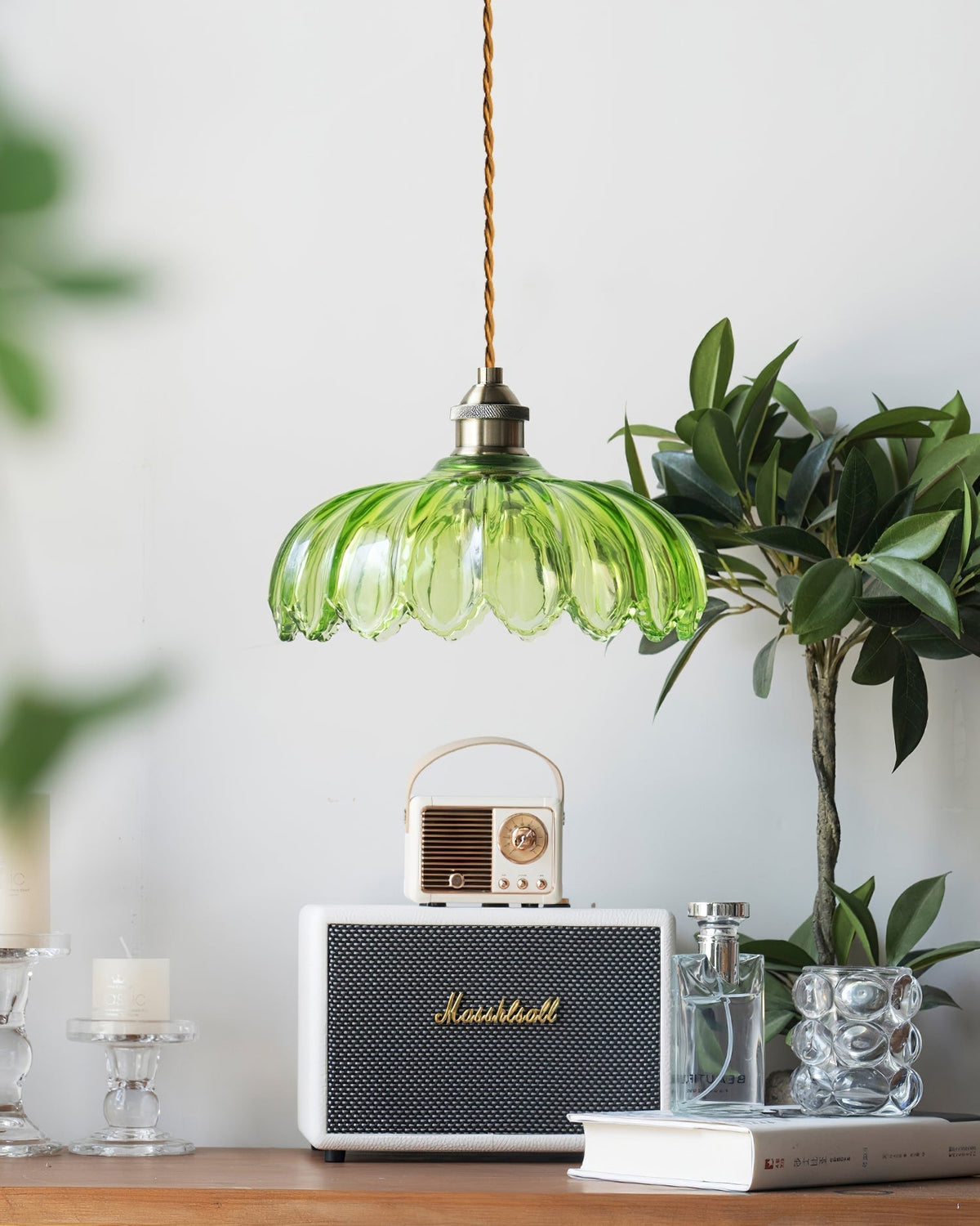 Limea lámpara colgante de vidrio verde en forma de flor