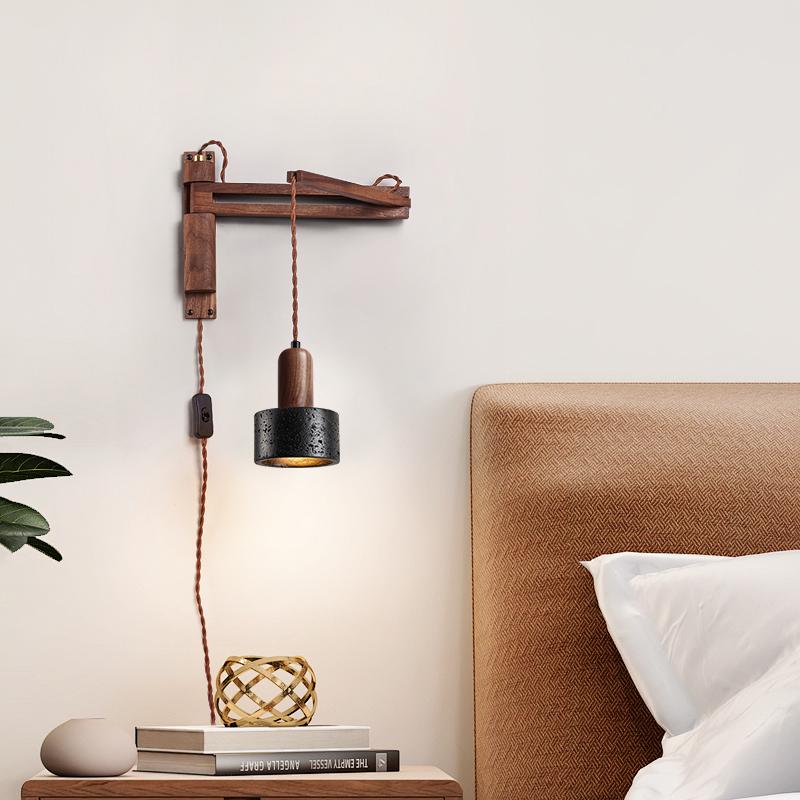 Nulso aplique de pared regulable con enchufe negro de travertino y madera enchufable