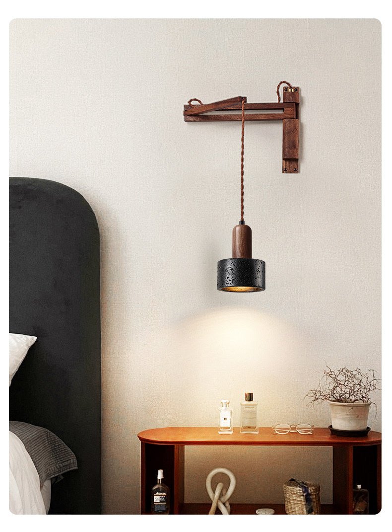 Vamki aplique de pared regulable negro con travertino y madera