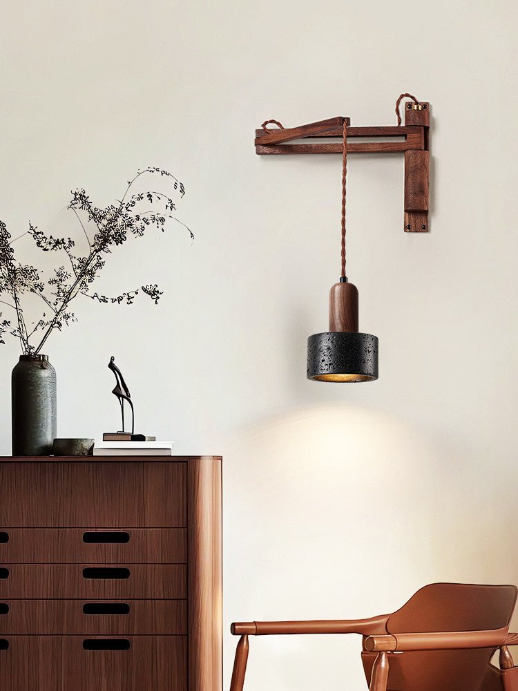Vamki aplique de pared regulable negro con travertino y madera