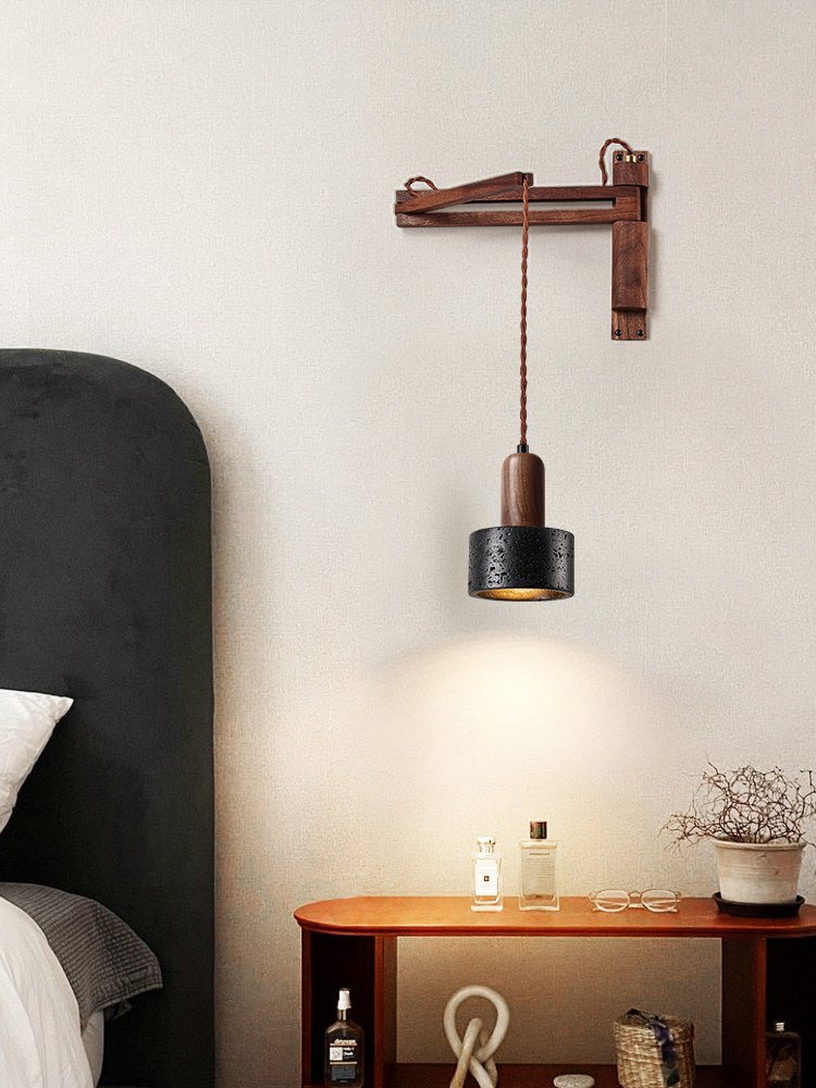 Vamki aplique de pared regulable negro con travertino y madera