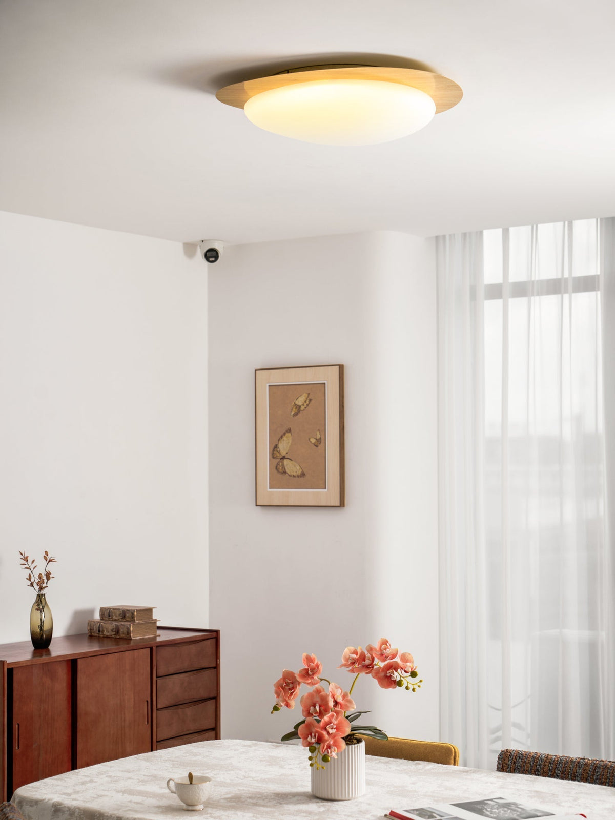 Sylenia lámpara de techo Pebble en nogal con acabado de grano de madera y pantalla de acrílico LED