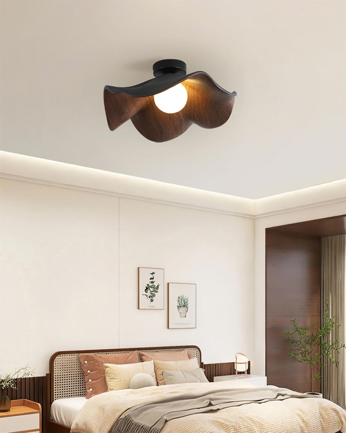 Belenor lámpara de techo Lotus Leaf con acabado de madera y blanco