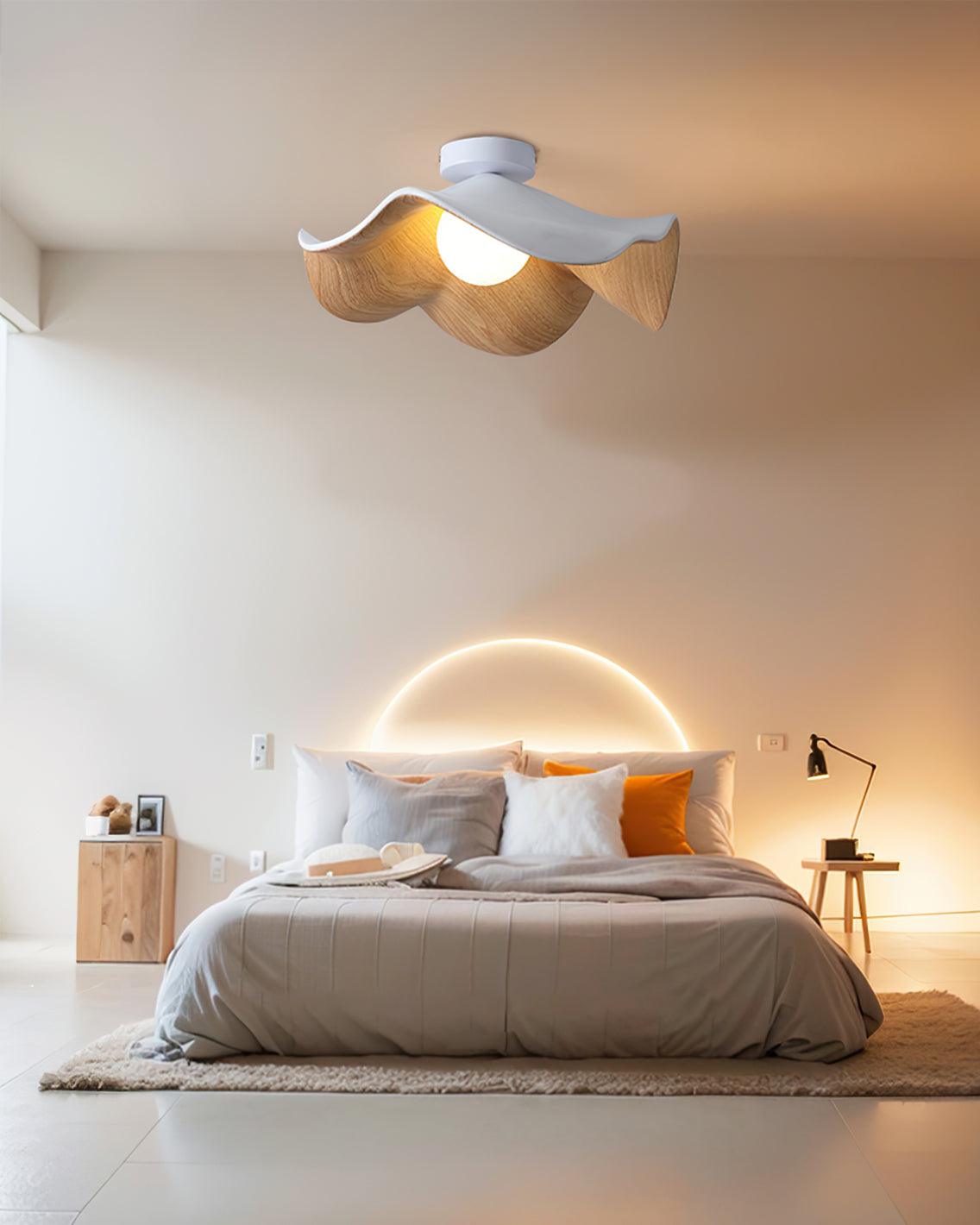 Belenor lámpara de techo Lotus Leaf con acabado de madera y blanco