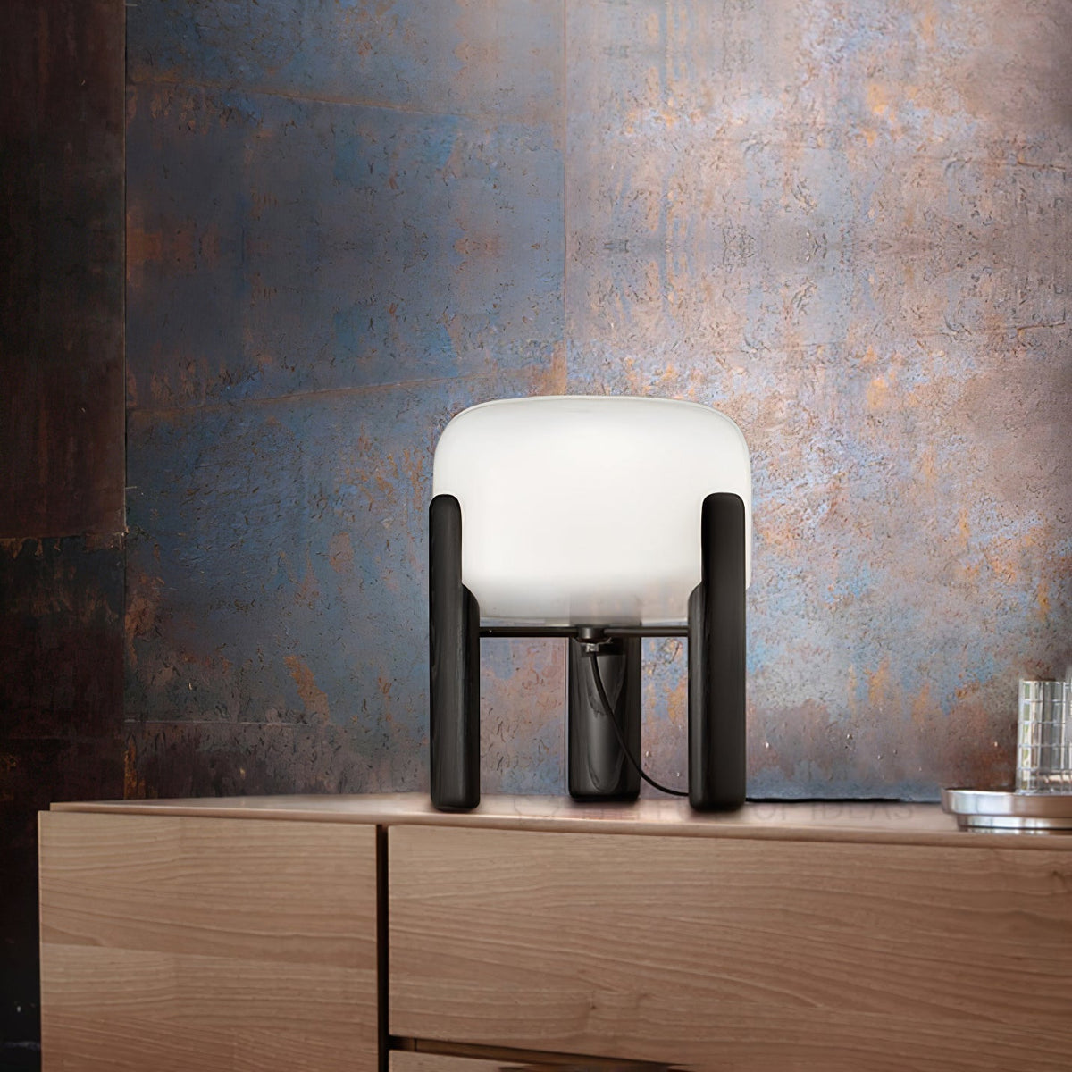 Elden lámpara de mesa de madera y vidrio