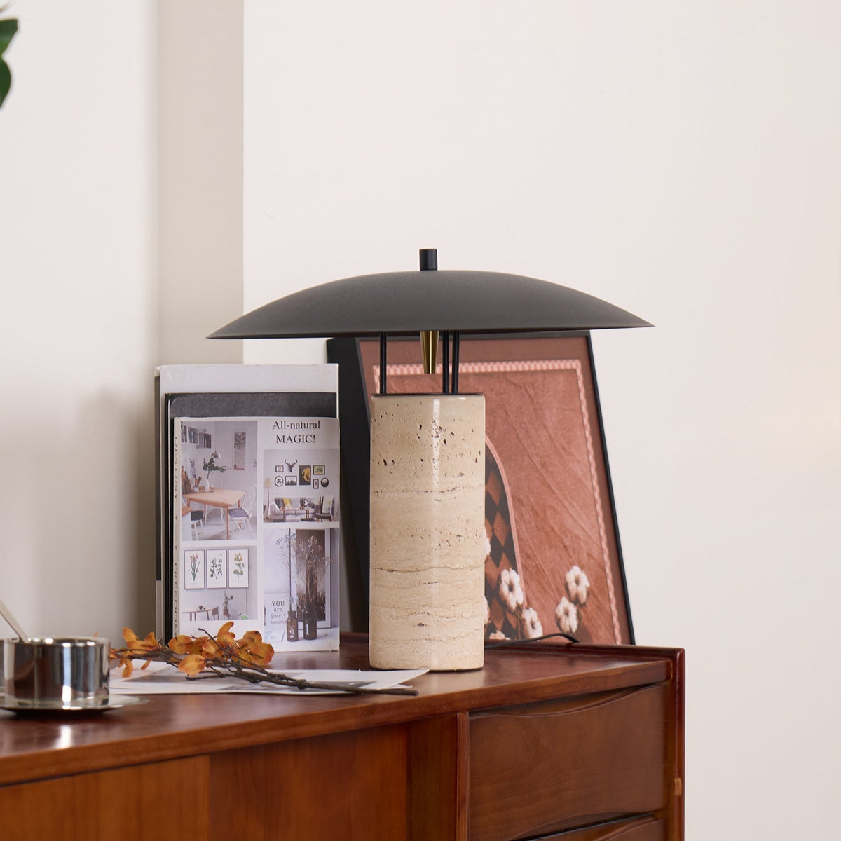 Eara lámpara de mesa Disc-Pillar travertino
