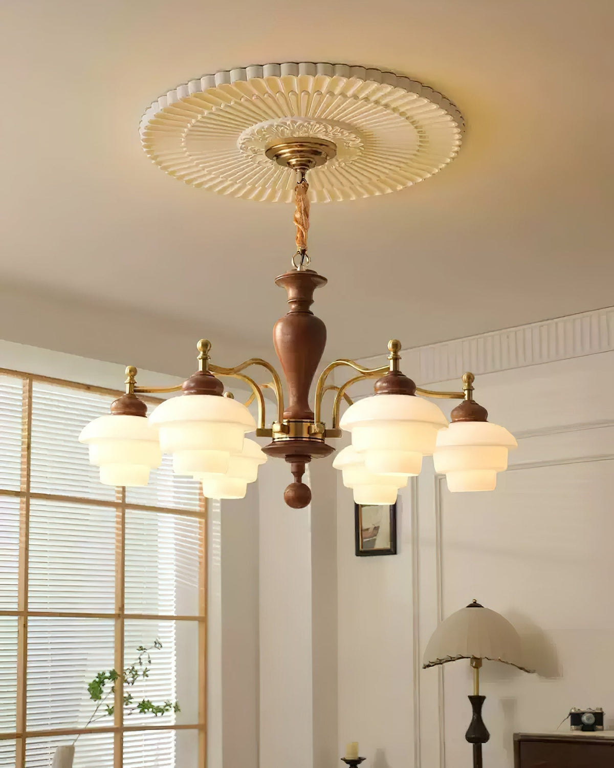Elviora lámpara de araña de madera y vidrio estilo mid-century