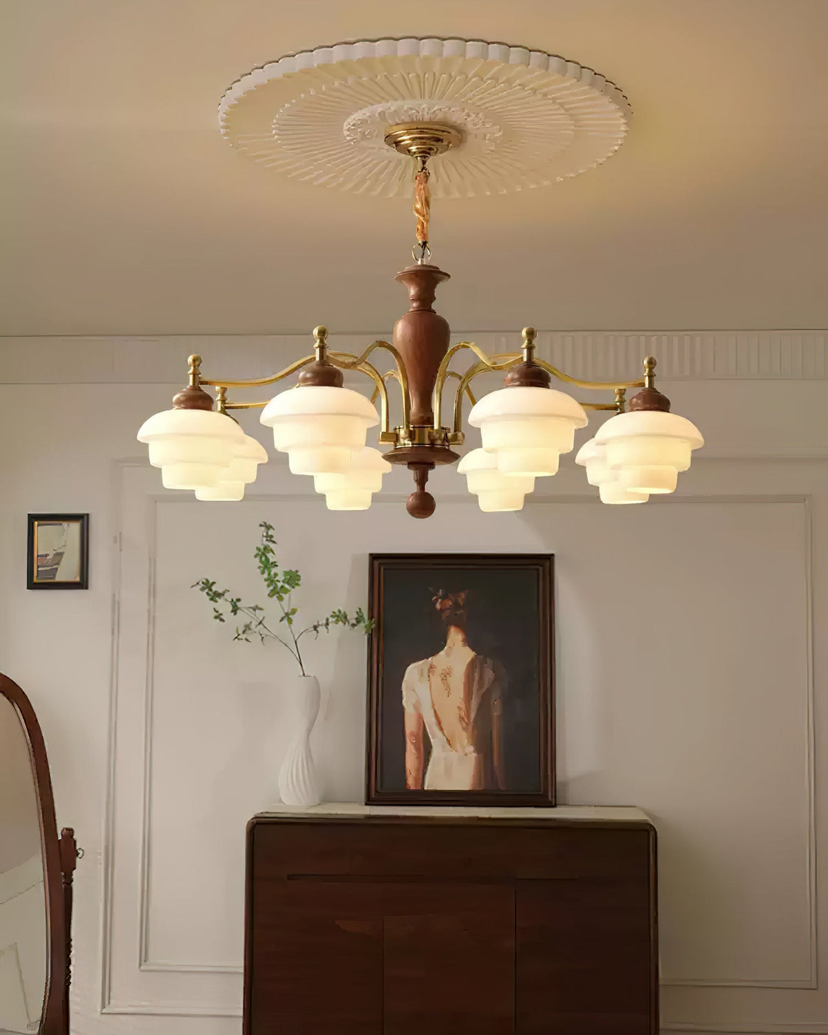 Elviora lámpara de araña de madera y vidrio estilo mid-century