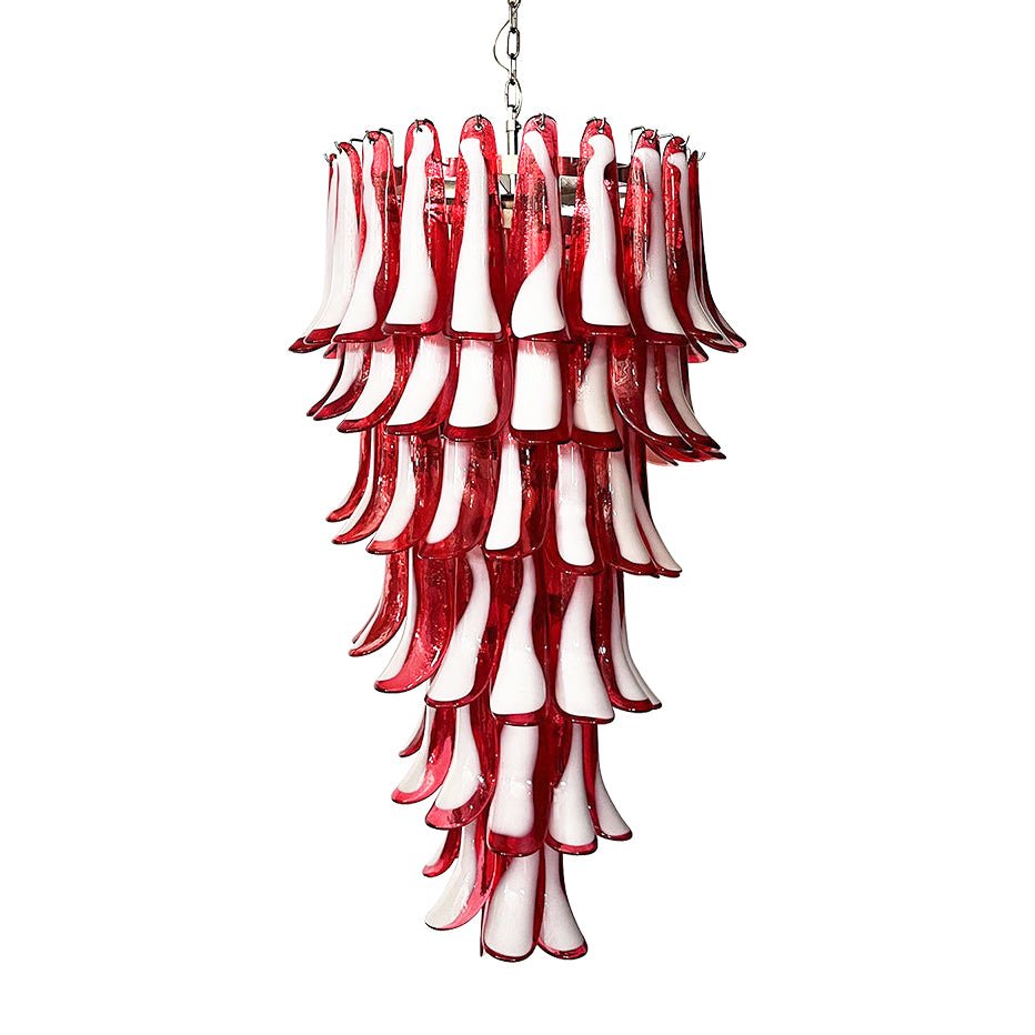 Viraisira lámpara de araña roja y blanca con pétalos en espiral Murano