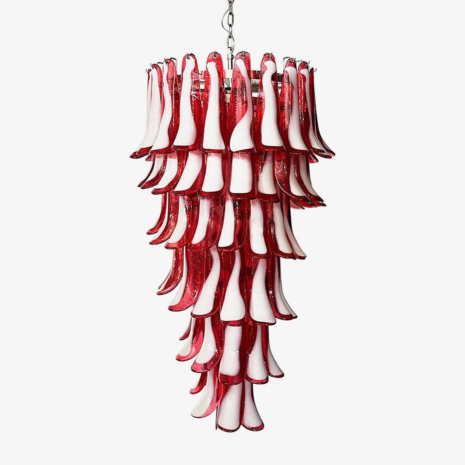 Viraisira lámpara de araña roja y blanca con pétalos en espiral Murano