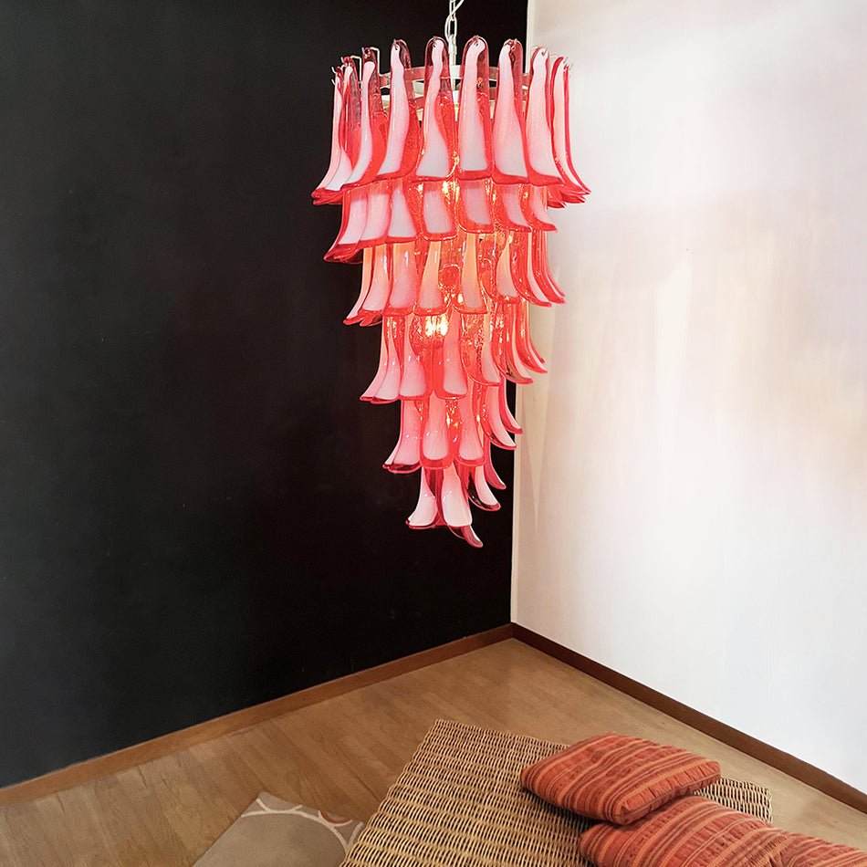Viraisira lámpara de araña roja y blanca con pétalos en espiral Murano