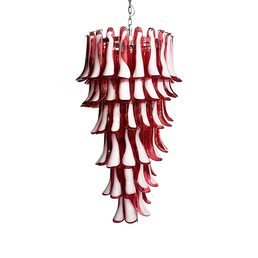 Viraisira lámpara de araña roja y blanca con pétalos en espiral Murano