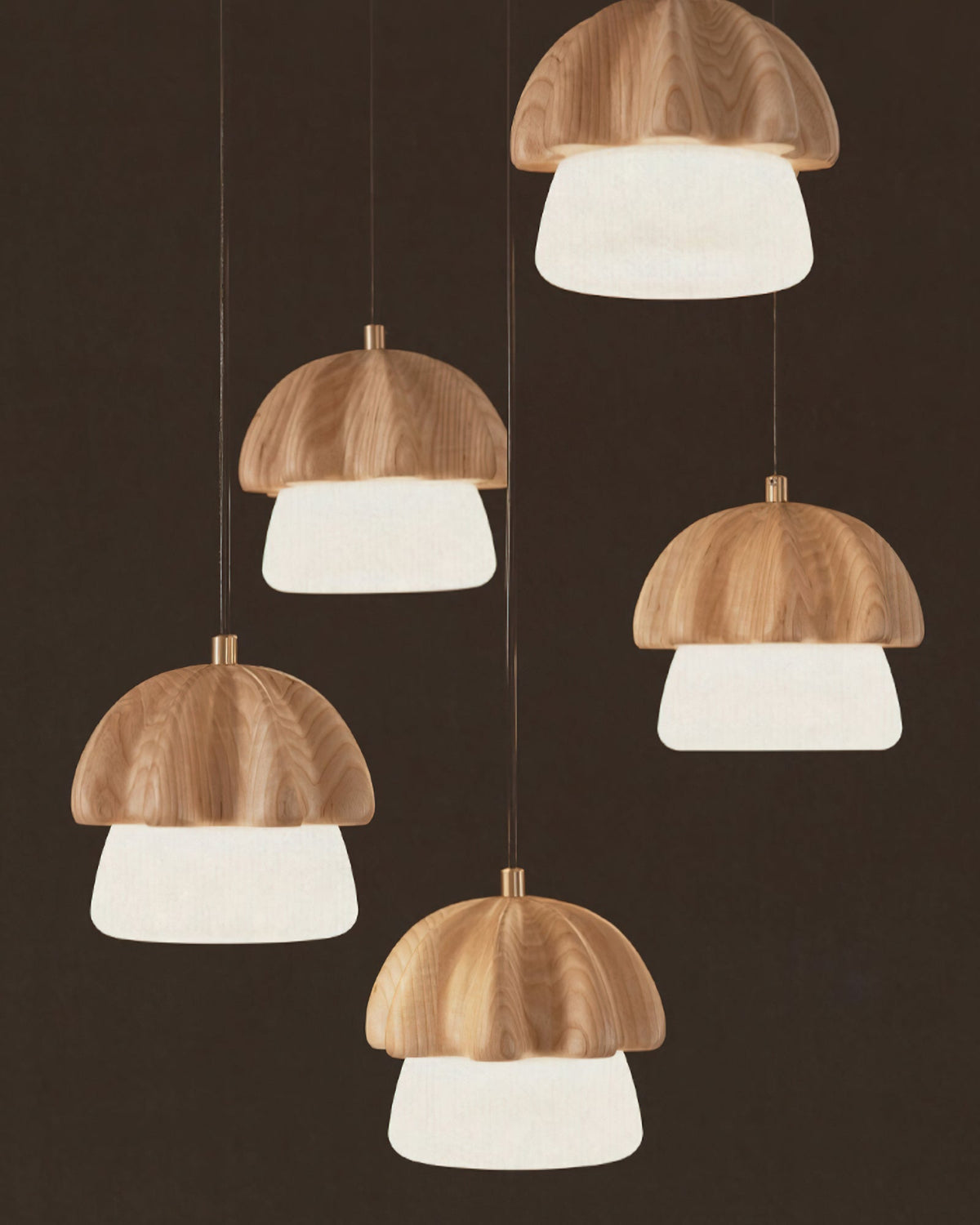 Rineine lámpara colgante Mushroom Cluster de madera y vidrio