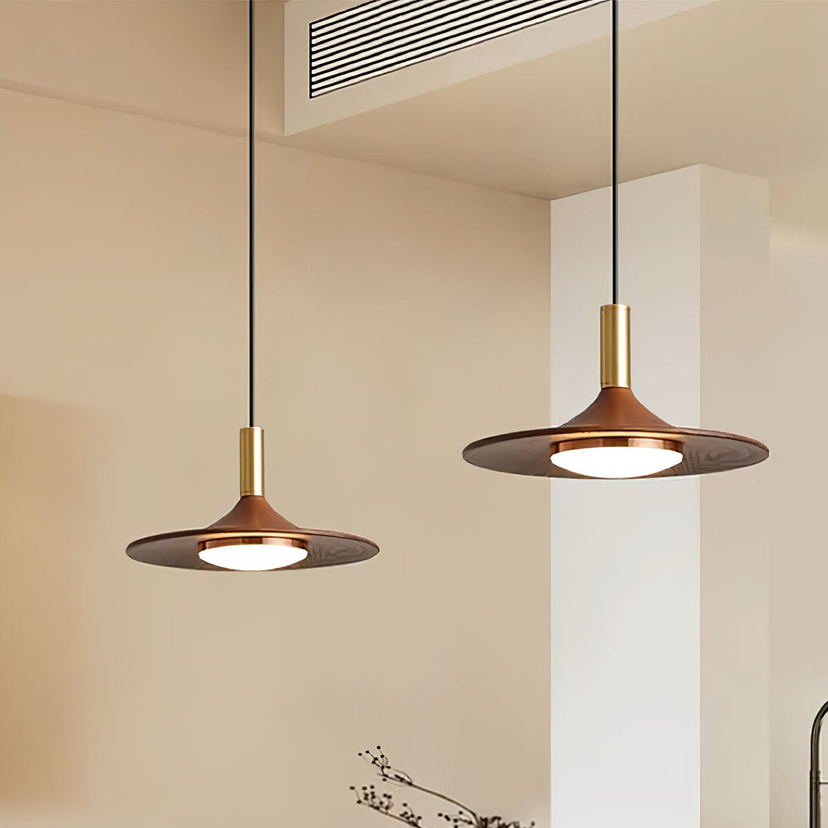 Kaelin lámpara colgante de forma de sombrero, madera estilo mid-century