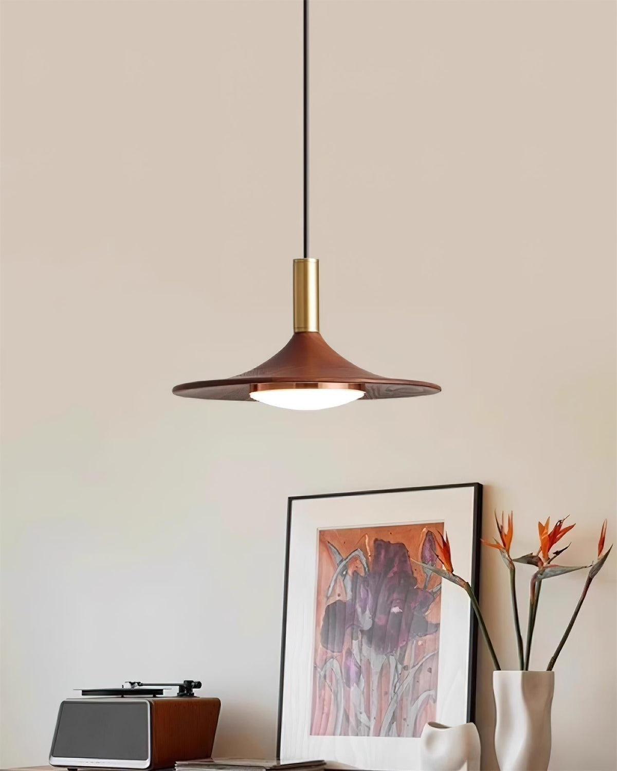Kaelin lámpara colgante de forma de sombrero, madera estilo mid-century