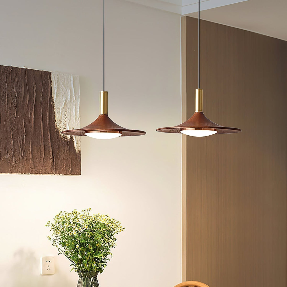 Kaelin lámpara colgante de forma de sombrero, madera estilo mid-century