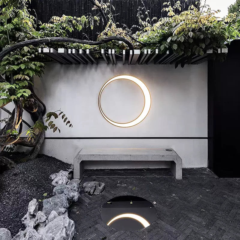 Ray Moderno Redondo Metal LED Aplique de Pared Exterior Negro