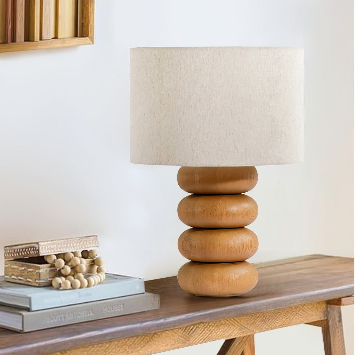 Lild lámpara de mesa de madera y tejido
