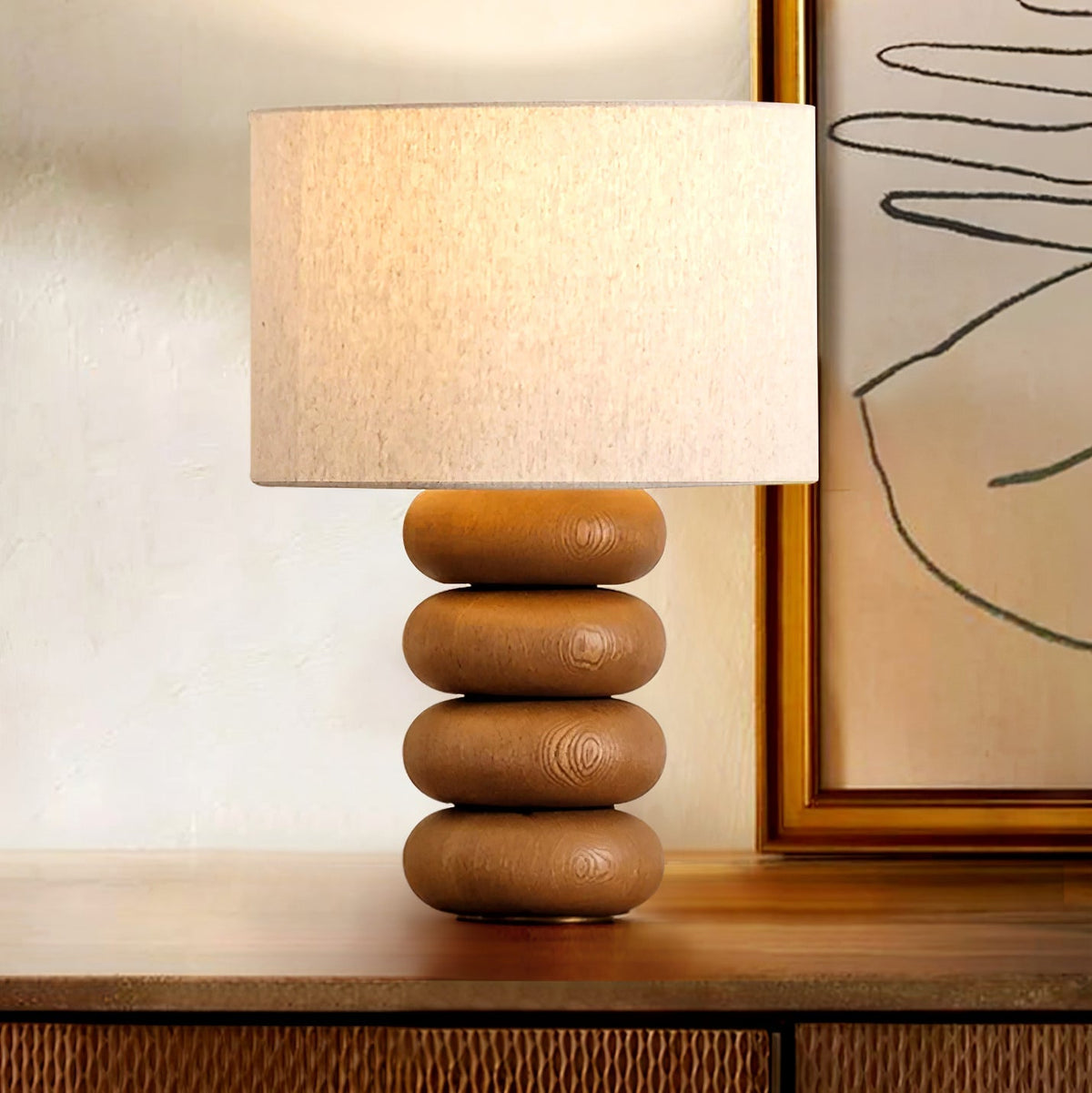Lild lámpara de mesa de madera y tejido