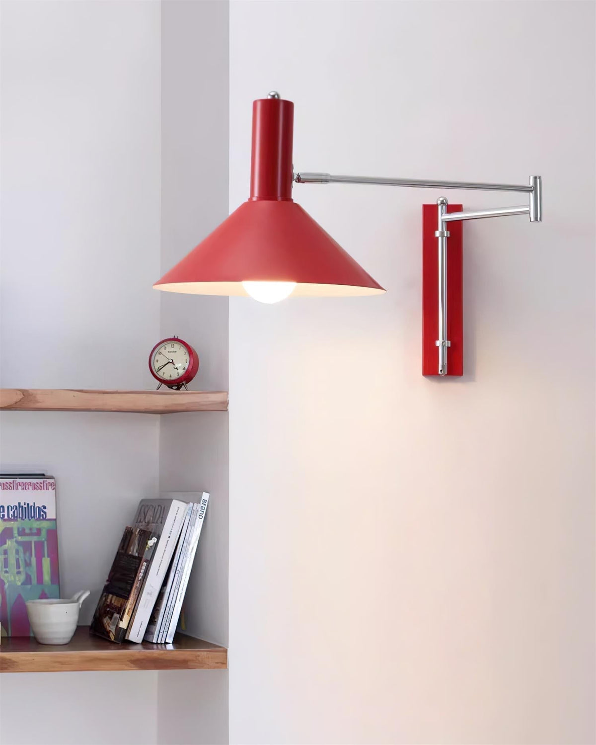Lámpara de Pared Moderna con Brazo Metálico Ajustable y Pantalla Roja, Lámpara de Lectura