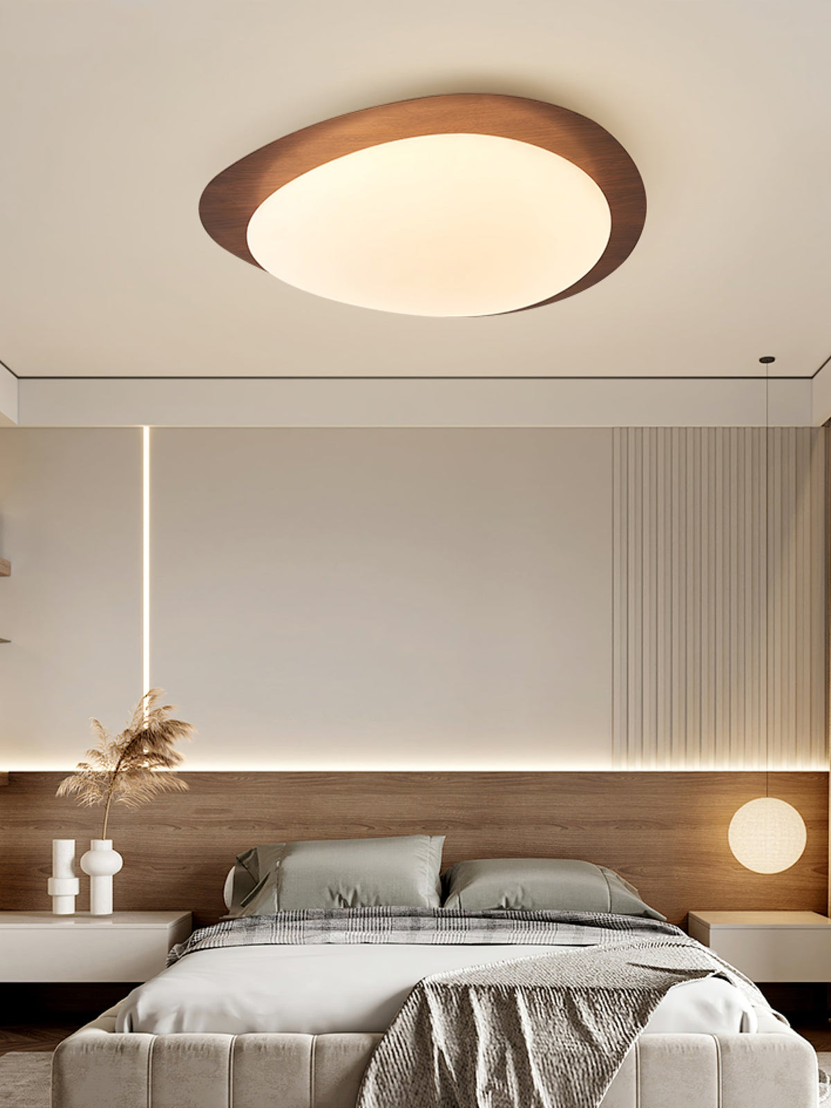 Sylenia lámpara de techo Pebble en nogal con acabado de grano de madera y pantalla de acrílico LED
