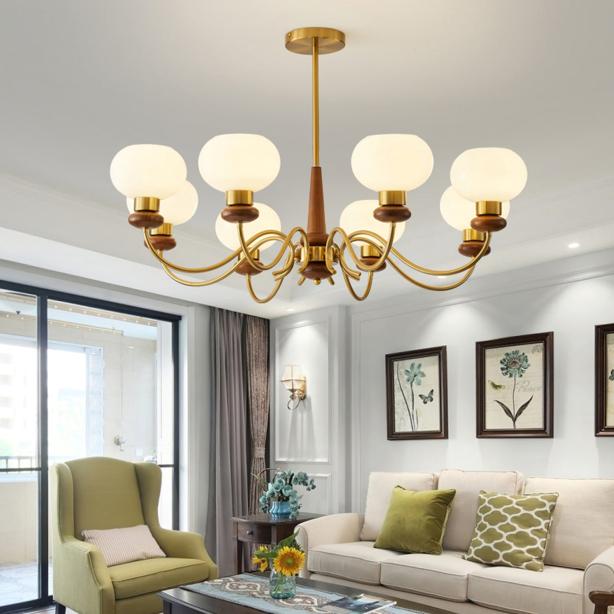 Riniena lámpara de araña de madera y latón globo de estilo clásico