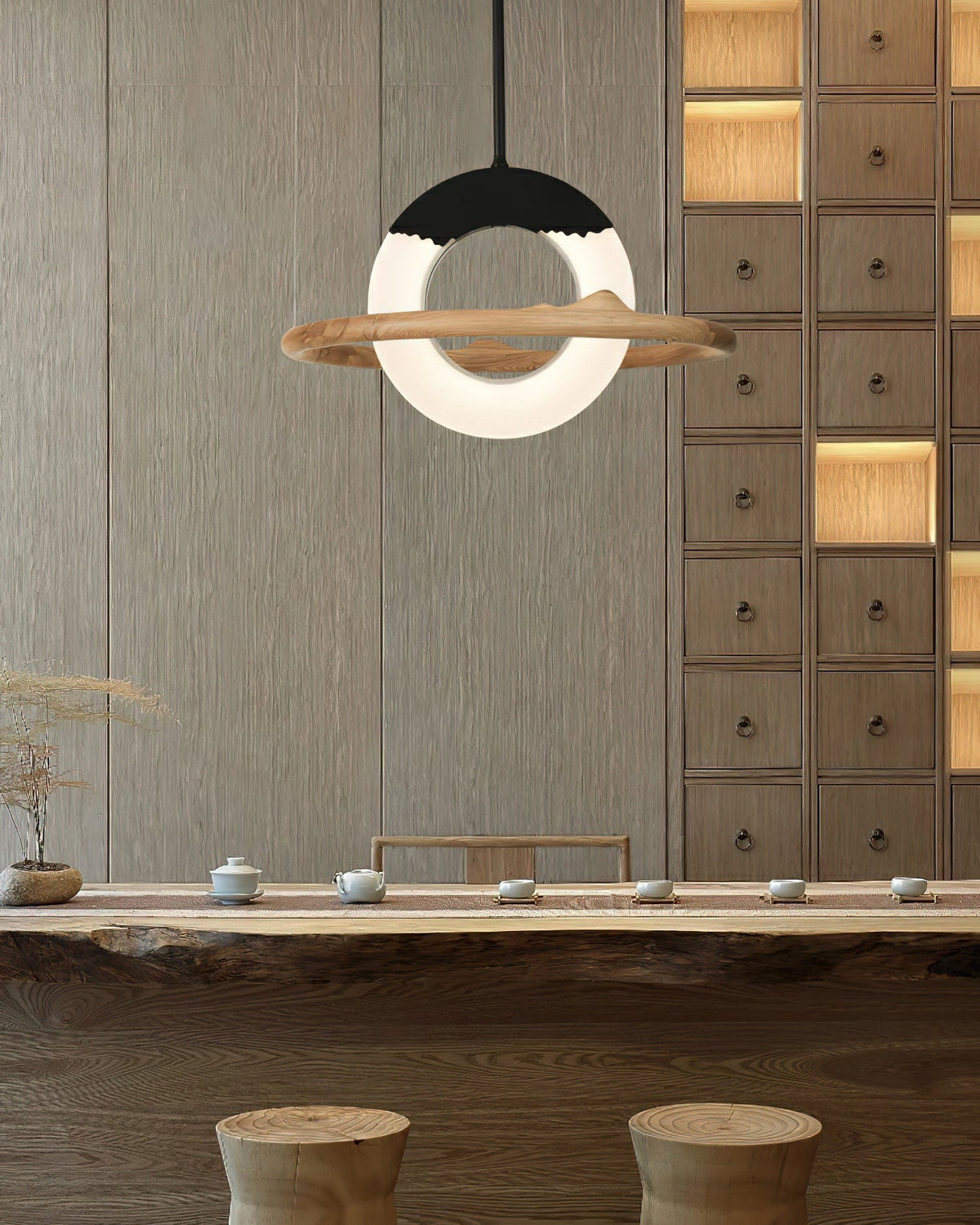 Mytalan lámpara colgante circular con detalles en madera y acrílico