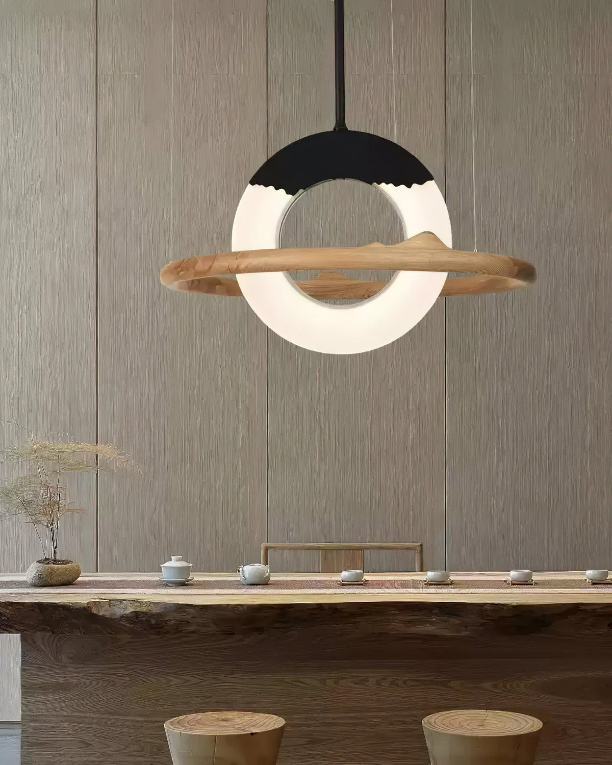 Mytalan lámpara colgante circular con detalles en madera y acrílico