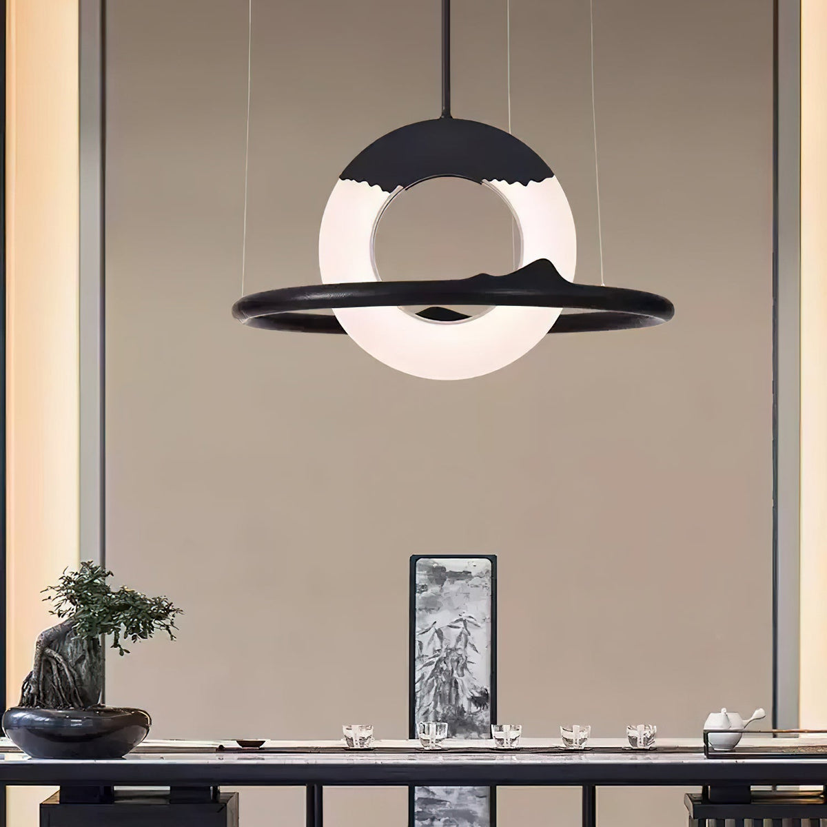 Mytalan lámpara colgante circular con detalles en madera y acrílico