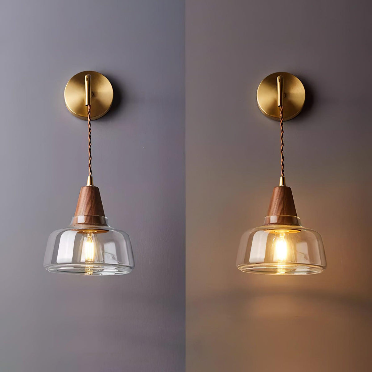 Aplique de pared con pantalla de vidrio ámbar y acento en madera de nogal, estilo moderno