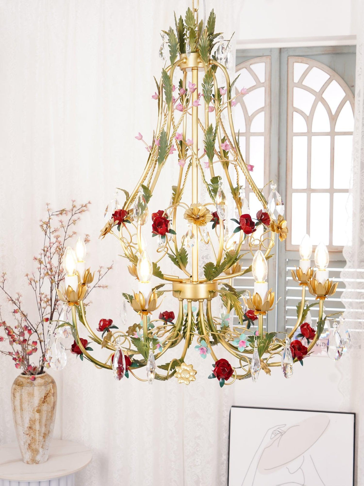 Selarella lámpara de araña de cristal y latón con rosas florales tipo vela