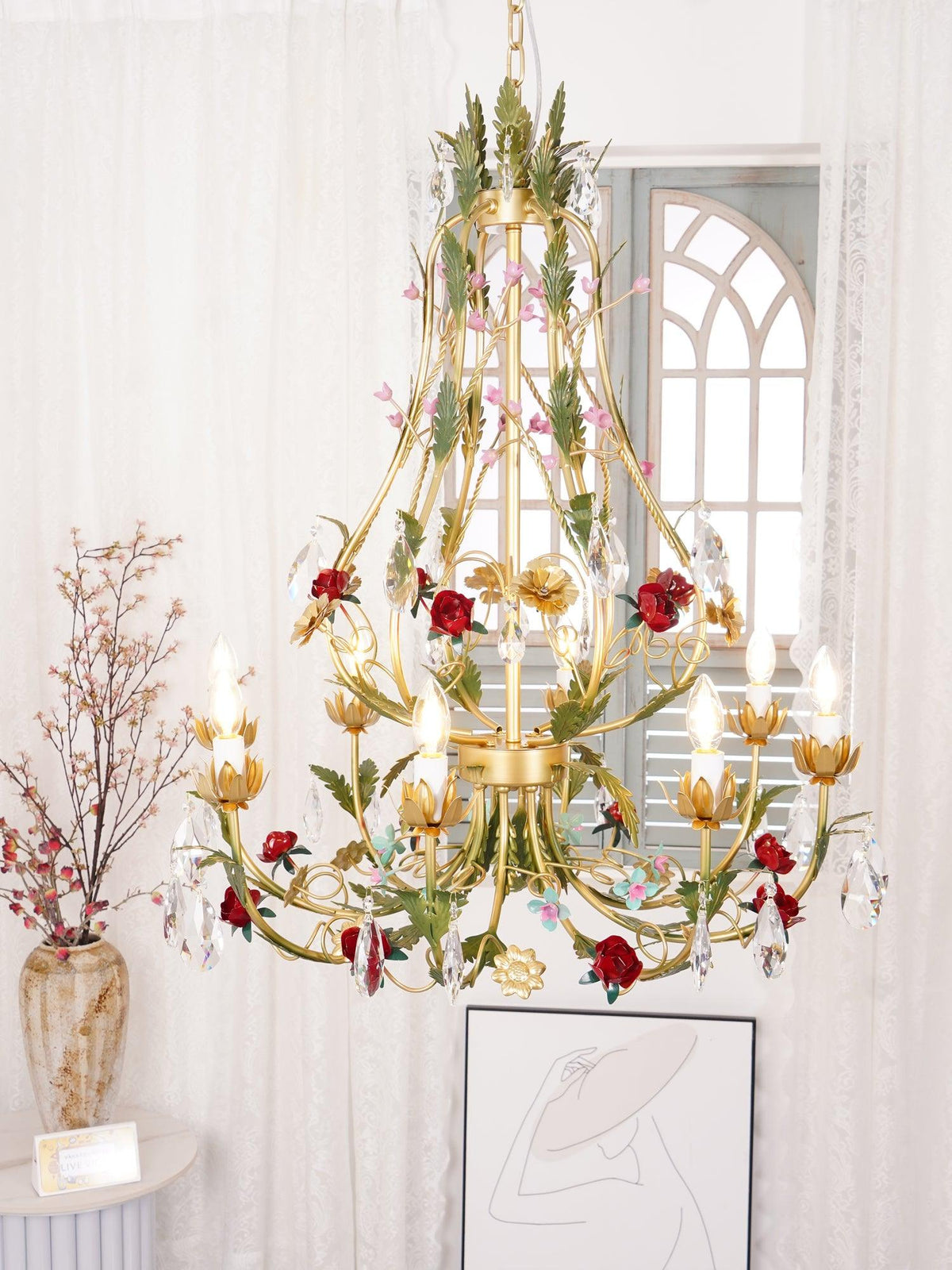 Selarella lámpara de araña de cristal y latón con rosas florales tipo vela