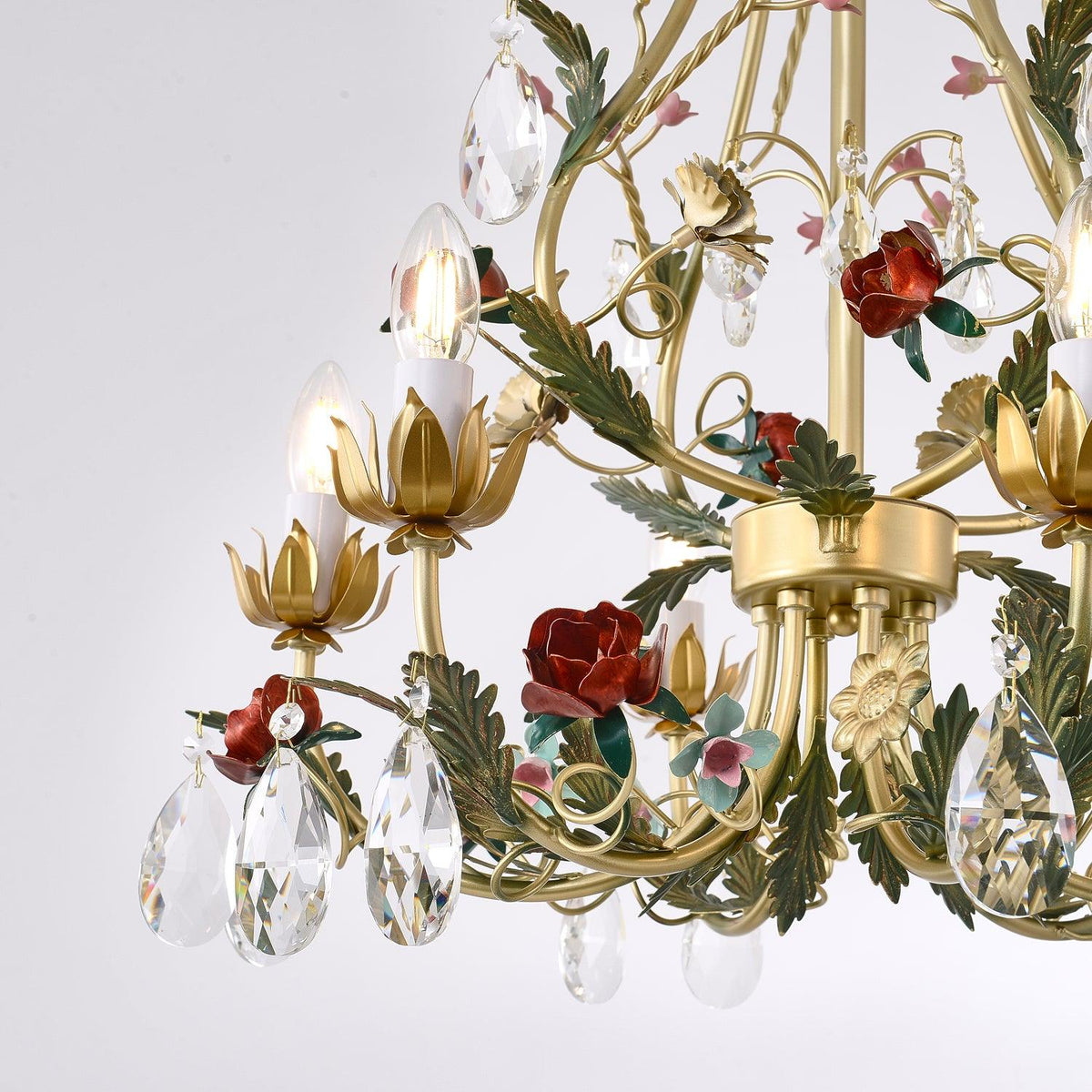 Selarella lámpara de araña de cristal y latón con rosas florales tipo vela