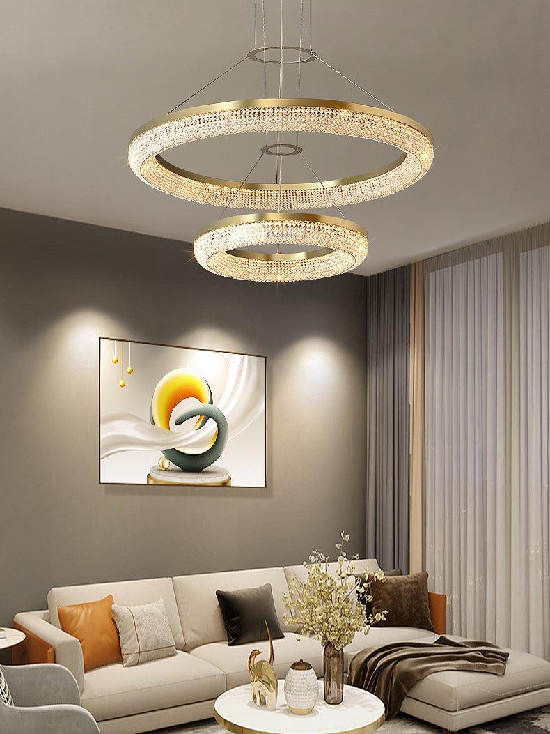 Cyrereon lámpara de araña Redonda Anillo cristal dorado LED