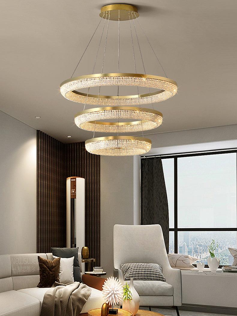 Cyrereon lámpara de araña Redonda Anillo cristal dorado LED