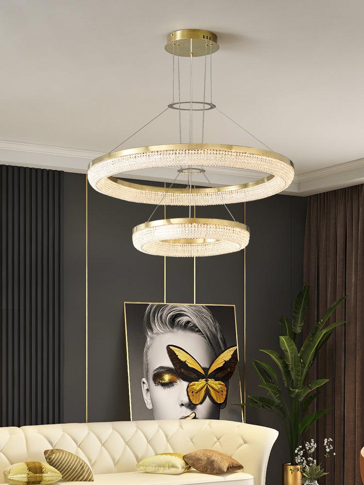 Cyrereon lámpara de araña Redonda Anillo cristal dorado LED