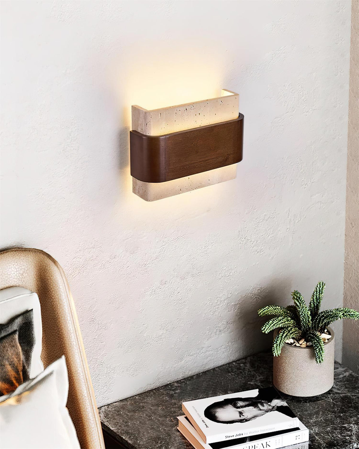 Valeneria aplique de pared travertino con acabado en madera Arco