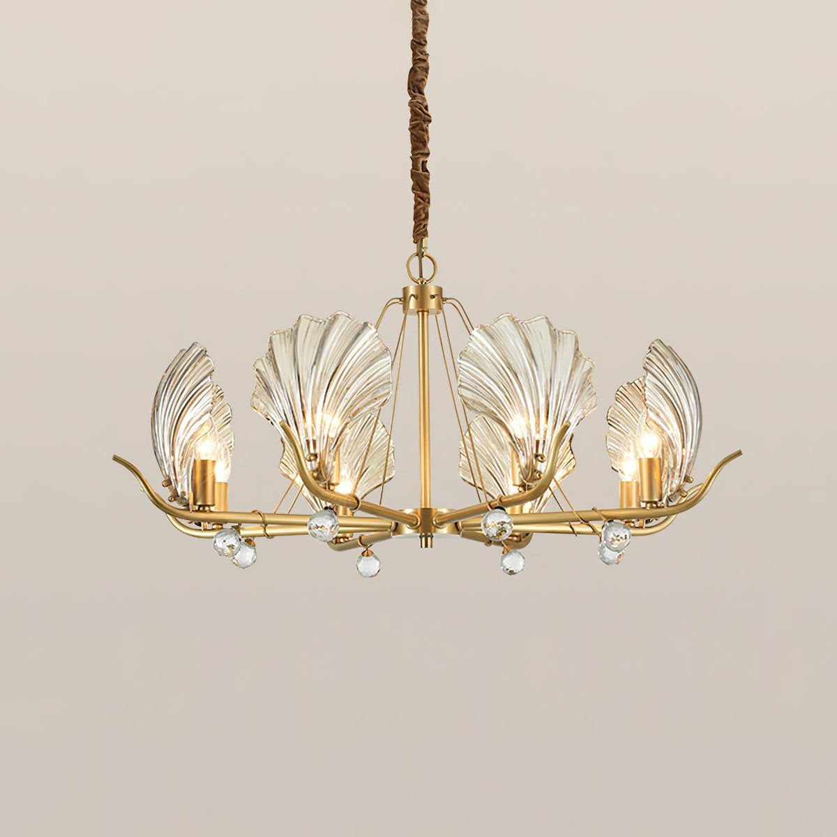 Luxereon lámpara de araña con hojas de cristal y florón de cobre