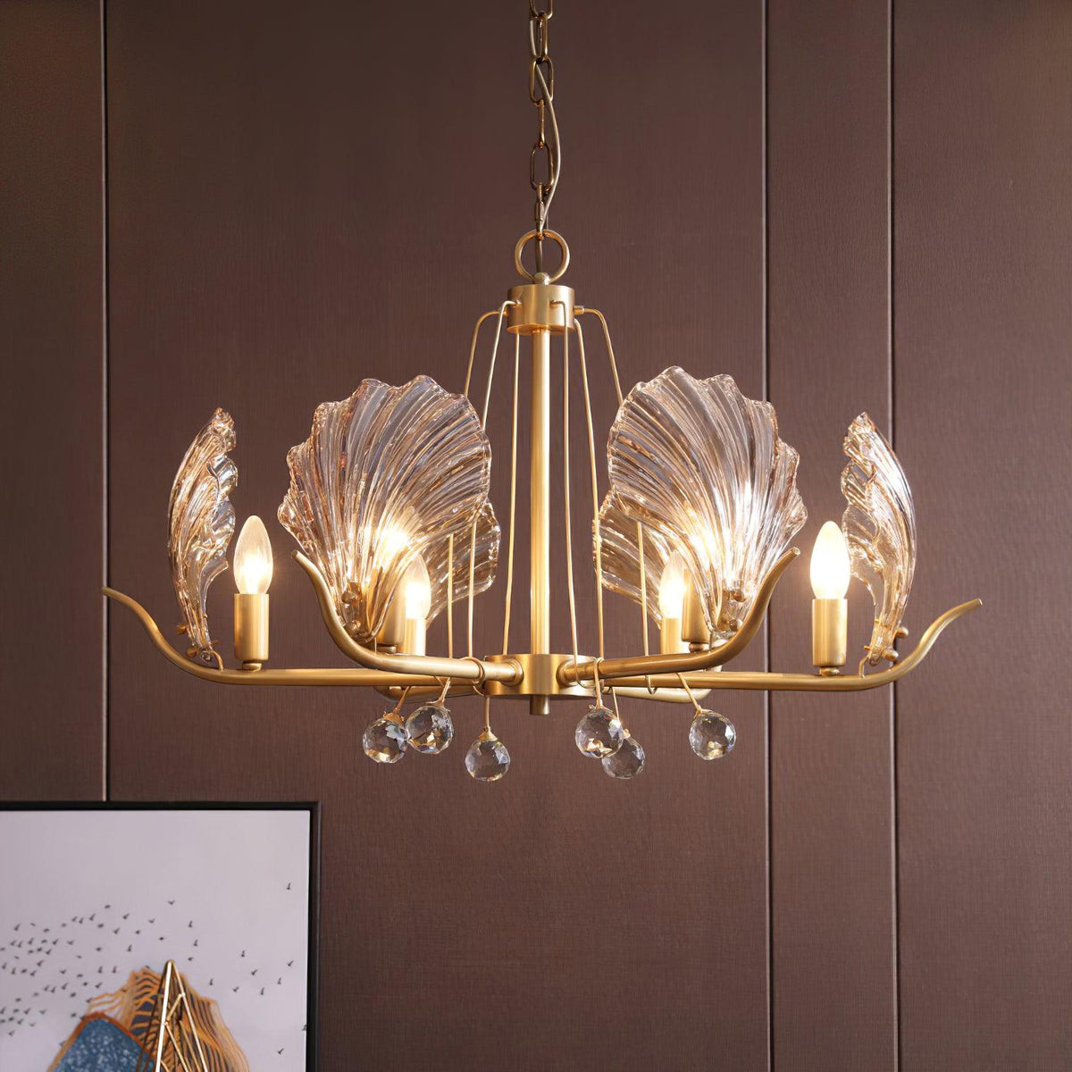 Luxereon lámpara de araña con hojas de cristal y florón de cobre
