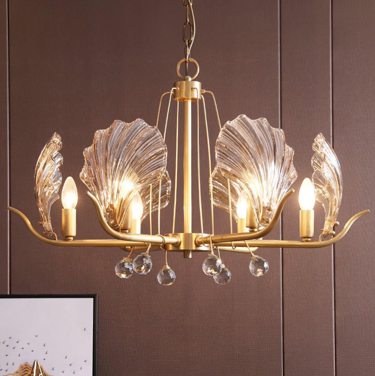 Luxereon lámpara de araña con hojas de cristal y florón de cobre