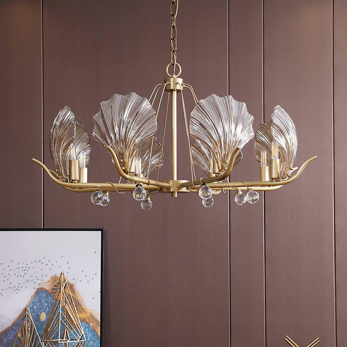 Luxereon lámpara de araña con hojas de cristal y florón de cobre