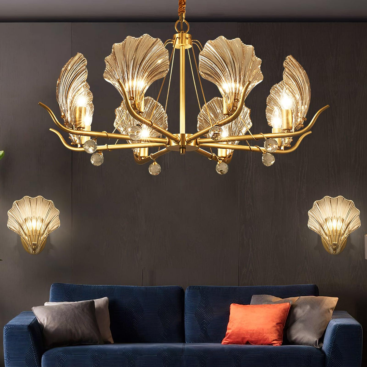 Luxereon lámpara de araña con hojas de cristal y florón de cobre