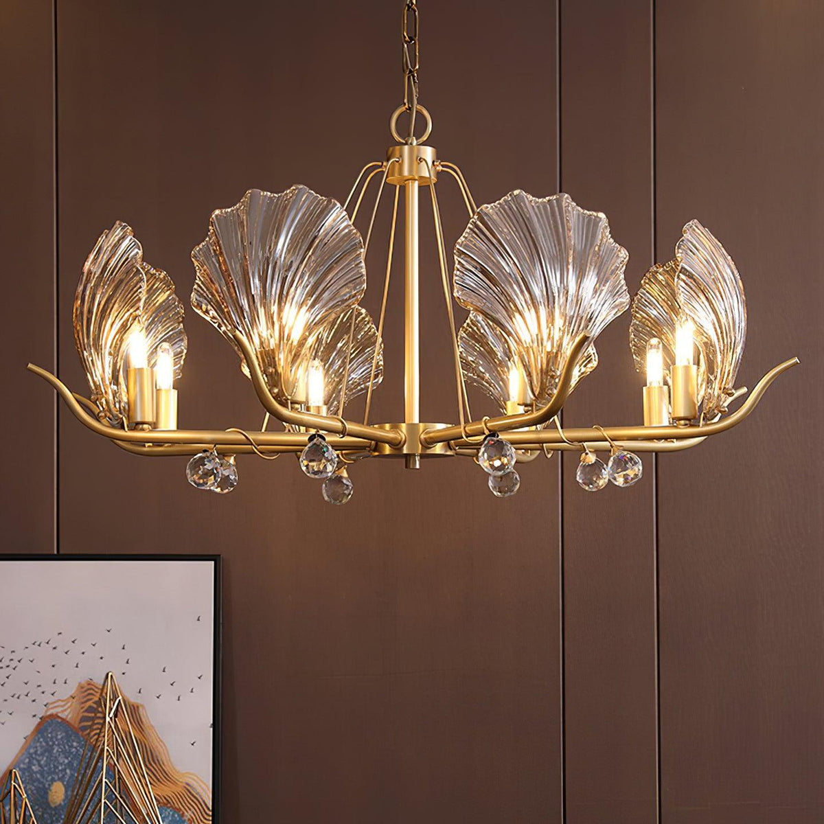 Luxereon lámpara de araña con hojas de cristal y florón de cobre