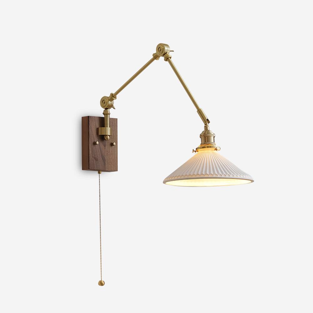 Aplique de pared con brazo ajustable y pantalla plisada, base de nogal, estilo vintage para tareas