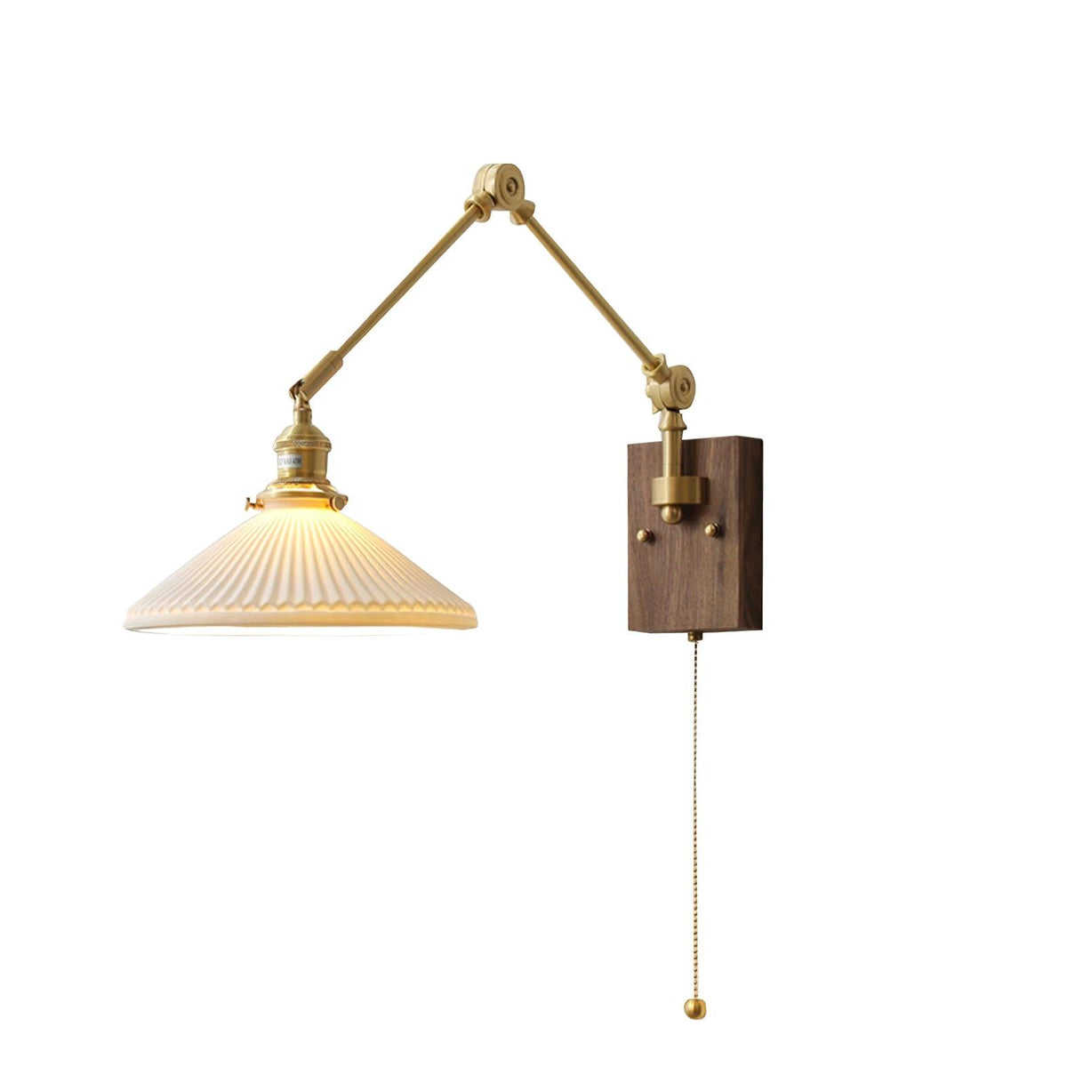 Aplique de pared con brazo ajustable y pantalla plisada, base de nogal, estilo vintage para tareas