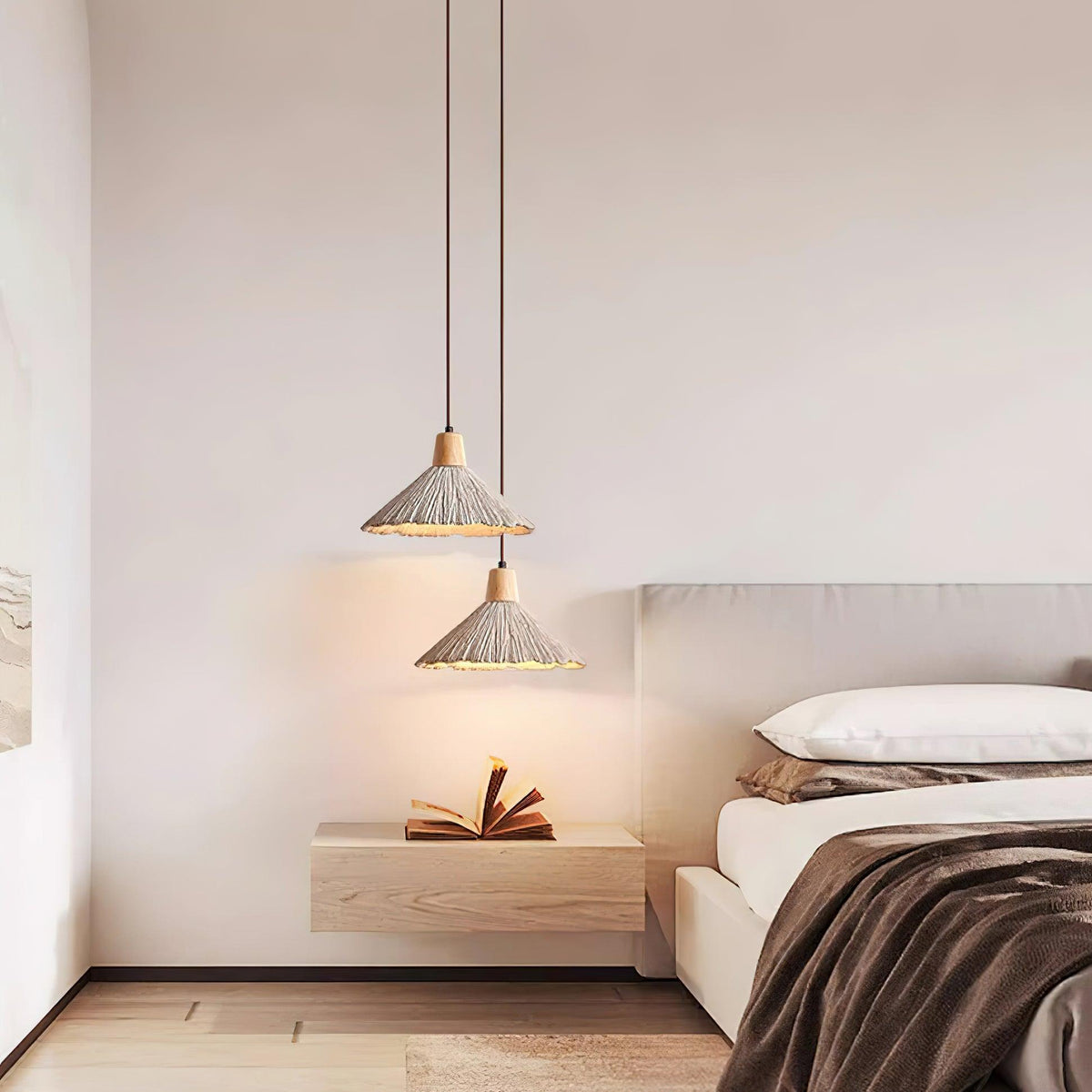 Lámpara colgante de madera y pantalla de cemento texturizado gris estilo Japandi
